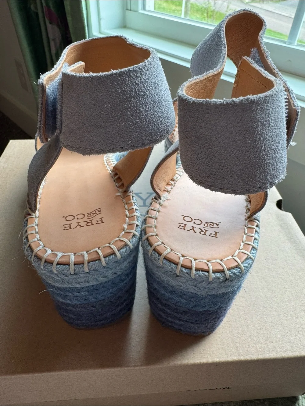 FRYE AND CO. Grayish Blue Suede Ankle-Strap Gradient Espadrille Wedges